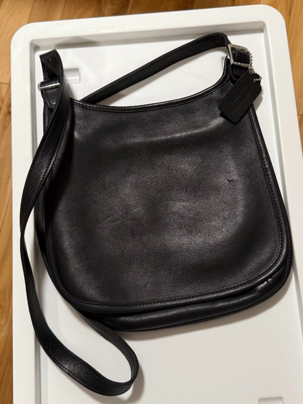 Vintage Coach Black Leather Slim Hippie Flap Saddle Purse Bag 9135 Boho - Picture 10 of 16